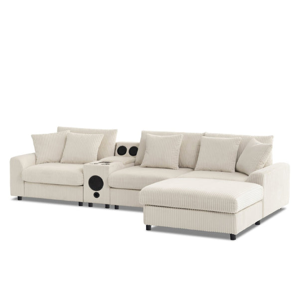 English Elm 114*64'' Corduroy Cloud Sectional with Bluetooth Speakers Usb Charging Ottoman Lounge Sofa N723S9756A