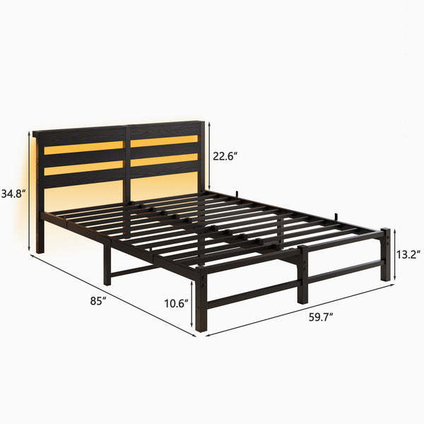 English Elm Queen Metal Bed Frame with Wooden Headboard, Built-In USB Charging, RGB App Lights, Storage Shelf, 10.6" Clearance, Noise-Free, Rustic Finish Black W840P209907
