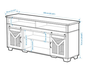English Elm 65.3" TV Stand with LED Ambience, Sliding Iron Mesh Barn Doors, Y-Accent Rustic Farmhouse Storage Antique Gray W1412P271801