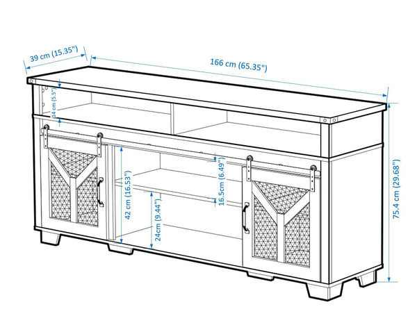 English Elm 65.3" TV Stand with LED Ambience, Sliding Iron Mesh Barn Doors, Y-Accent Rustic Farmhouse Storage Antique Gray W1412P271801