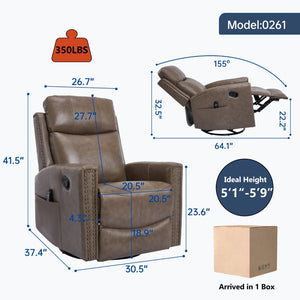 English Elm Camel Genuine Leather Massage Rocker Swivel Recliner with Heat and Lumbar Relief W1803P323716