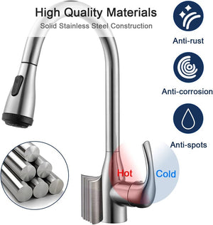 English Elm Single Handle Pull Down Kitchen Faucet Brushed Nickel Steel with 4 Spray Modes T3177P477541