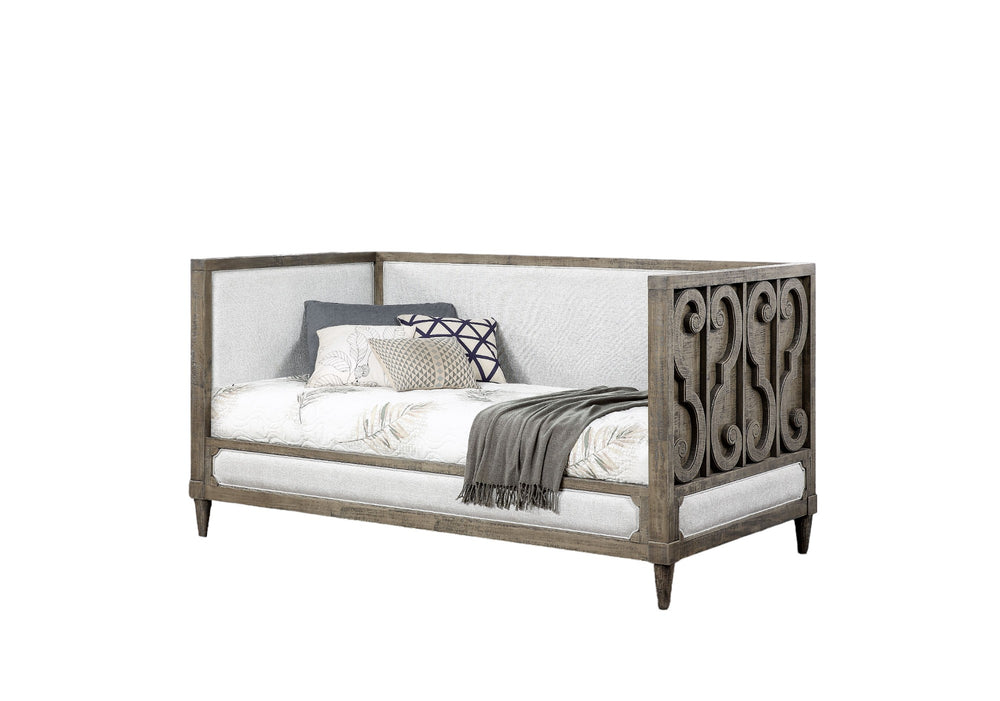 English Elm Artesia Tan Upholstered Twin Daybed with Scrolled Inlay, 13-Slat Support, Durable Composite Build B2726S00282
