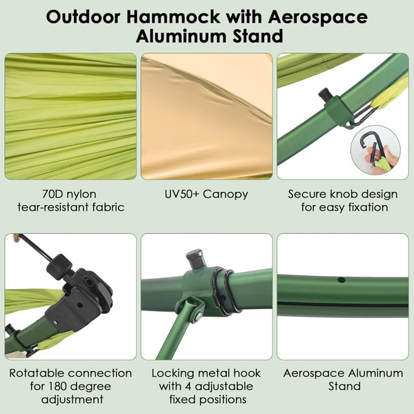 English Elm Portable Hammock with Quick Fold Stand Ripstop Nylon Sunshade 650 Lb Capacity Green W3457P379389
