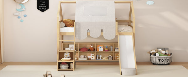 English Elm Twin House Loft Bed with Tent Canopy Slide and Shelves Pinewood Kids Frame Natural LT000682AAD-1