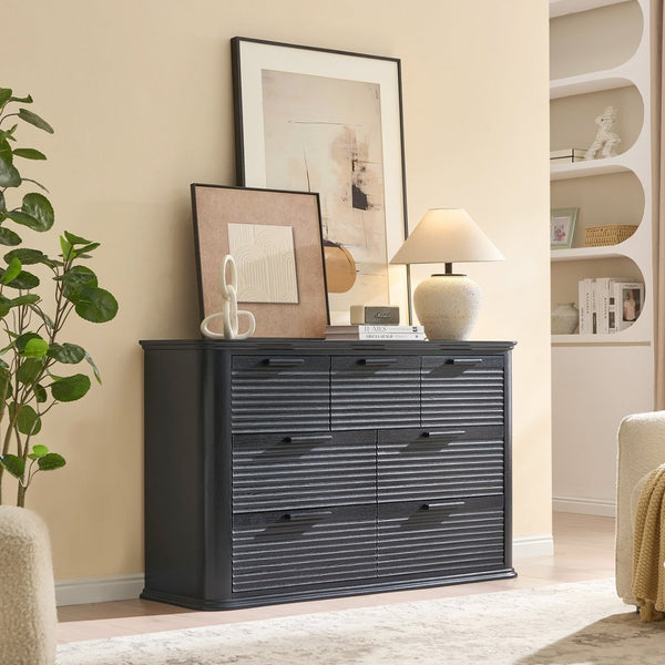 English Elm Fluted Wave Panel 7 Drawer Mdf Dresser Modern Bedroom Storage with Tv Stand Top Black Woodgrain T5326P425095