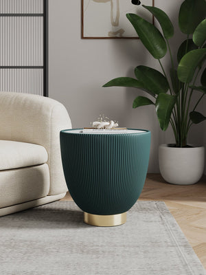 English Elm Anderson Sintered Stone Top Upholstered End Table with Pleated Leatherette & Gold Round Base, Modern Design Green B365P398476