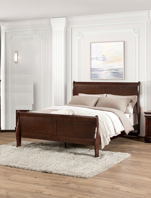 English Elm Dark Sleigh Bed Queen Size Elegant Louis Philippe Wooden Frame with Curved Headboard and Footboard, Classic Bedroom Centerpiece Cherry 27 L x 63 W x 6 H B2741S00579