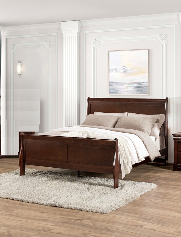 English Elm Dark Sleigh Bed Queen Size Elegant Louis Philippe Wooden Frame with Curved Headboard and Footboard, Classic Bedroom Centerpiece Cherry 27 L x 63 W x 6 H B2741S00579