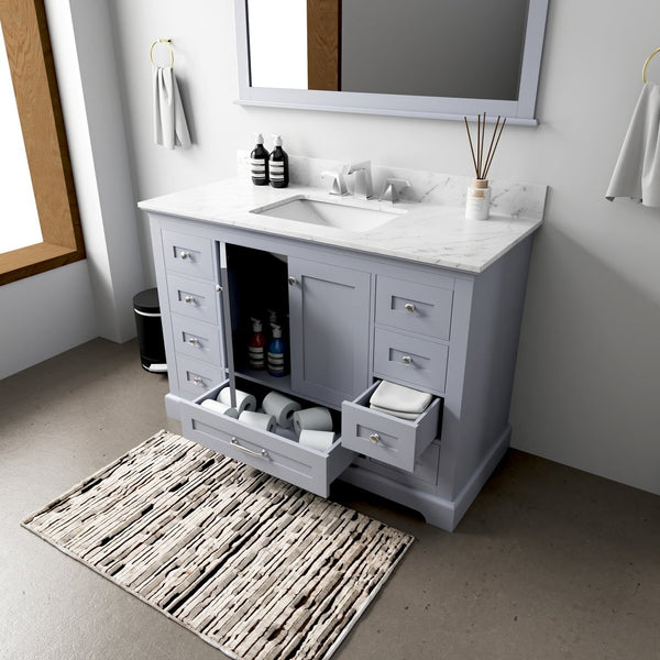 English Elm Dark Grey Single Bath Vanity 48" W With 9 Drawers, Open Shelf & 46" Mirror For Elegant Storage Solutions B2731S00487