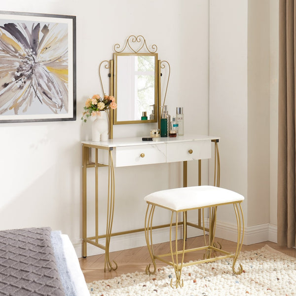 English Elm Vanity Table Set with Mirror Stool White Vintage Bedroom Dressing Storage Desk D66592206