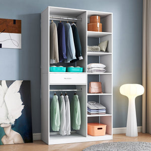 English Elm Freestanding 40" Closet System with 6 Open Shelves, 2 Hanging Rods & Wood Drawer — White Storage Wardrobe W331P280699