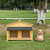 Waterproof Wooden Dog House Kennel, Indoor/Outdoor, Medium Dogs, Log Cabin Style, Porch, Asphalt Roof, 2 Doors, Pine Wood