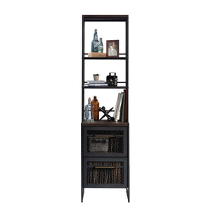 English Elm Narrow Bookcase - Modern Industrial Design In Warm Brown Finish With Adjustable Shelves & File Storage B356P367874