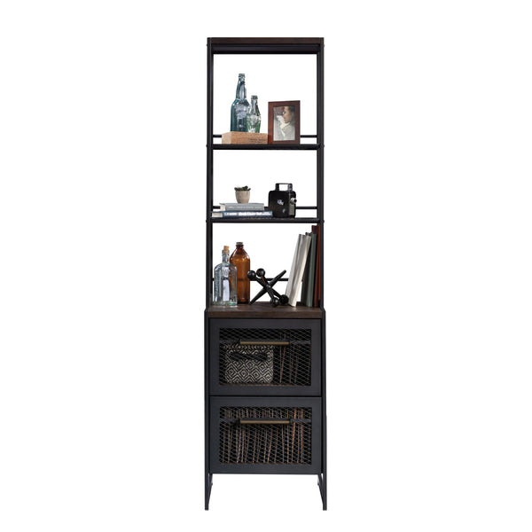 English Elm Narrow Bookcase - Modern Industrial Design In Warm Brown Finish With Adjustable Shelves & File Storage B356P367874