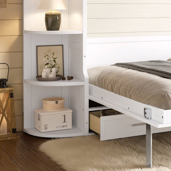 English Elm Queen Murphy Wall Bed with Side Cabinets Open Shelving and Drawers for Studio Rooms White W1580S00452