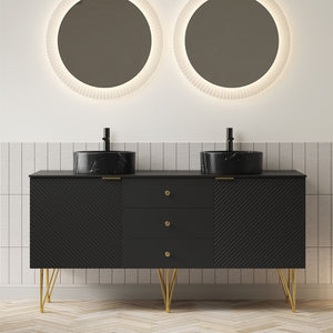English Elm Gema 60" Freestanding Bathroom Vanity With Black Ceramic Basins, Gold Legs, Storage & Style W2615S00290