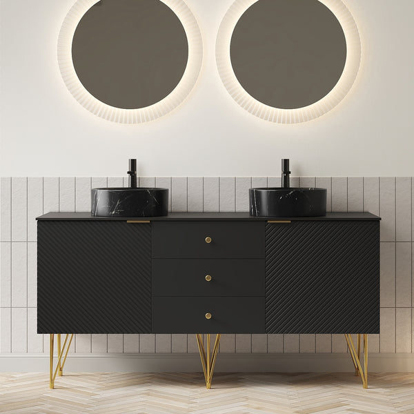English Elm Gema 60" Freestanding Bathroom Vanity With Black Ceramic Basins, Gold Legs, Storage & Style W2615S00290