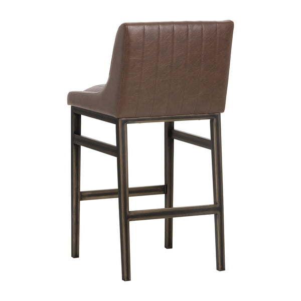 Sunpan Halden Urban Bar Stool with Bold Channel Tufting and Rustic Bronze Steel Frame for Stylish Spaces Vintage Cognac