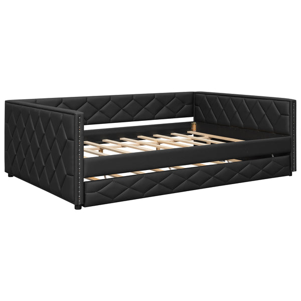 English Elm Full XL Upholstered Daybed with Trundle and Built-In LED Lighting, Tufted Arms, Solid Wood Frame Black N7090000611B