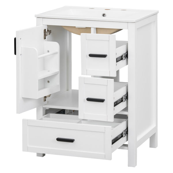 English Elm Modern 24 Inch Bathroom Vanity Solid Wood Cabinet with Ceramic Sink and Soft Close Storage White N729P292859K