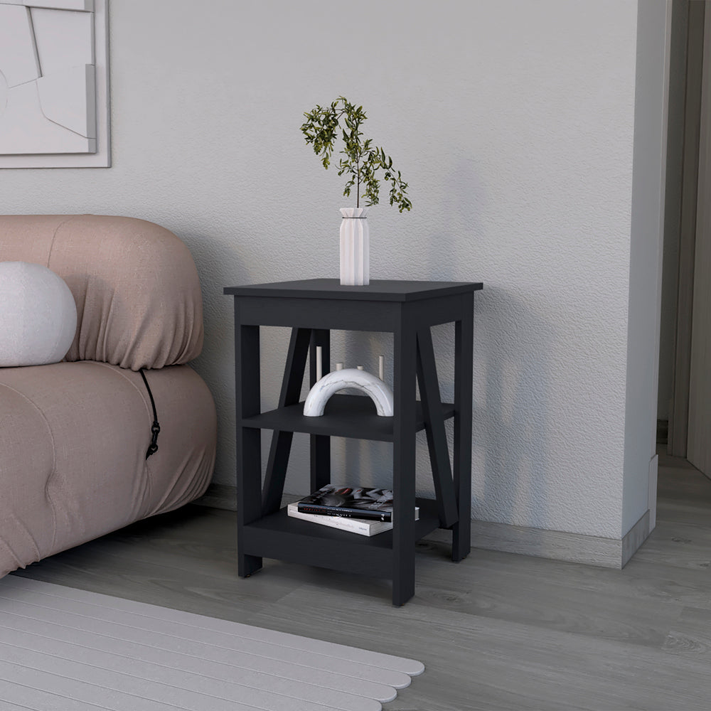 English Elm Side Table Rossville Black Engineered Wood End Table with Two Open Shelves, Modern Living Room Accent B092P191180