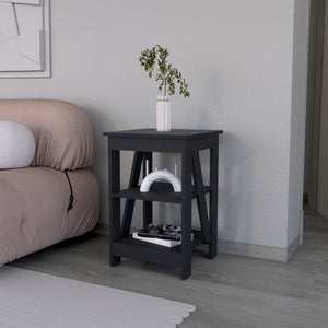English Elm Side Table Rossville Black Engineered Wood End Table with Two Open Shelves, Modern Living Room Accent B092P191180