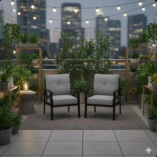 English Elm Set of 2 Outdoor Steel Armchairs Powder Coated Matte Frame with Cushioned Patio Seating Black+ Gray B082P455145