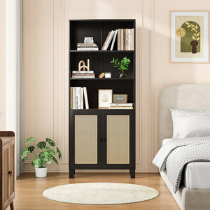 English Elm Tall Rattan Door Bookcase with 5 Shelves — Stylish Tall Storage Shelf for Living Room Office LibraryBedroom Black T3623P379897