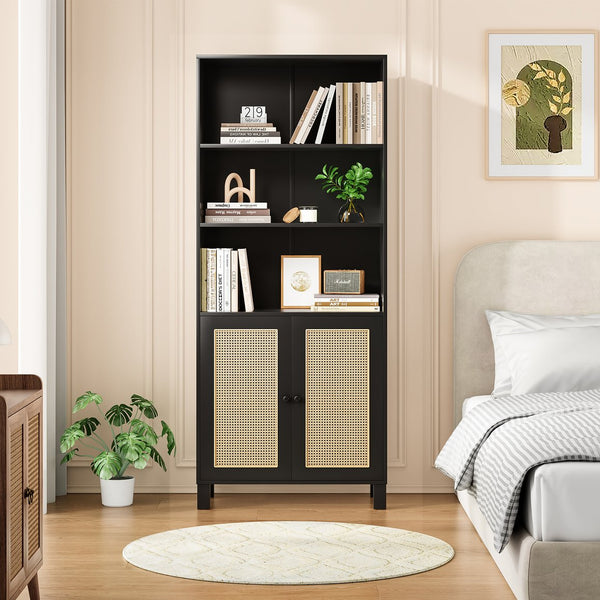 English Elm Tall Rattan Door Bookcase with 5 Shelves — Stylish Tall Storage Shelf for Living Room Office LibraryBedroom Black T3623P379897