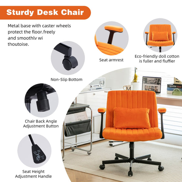 English Elm Orange Velvet Criss Cross Office Chair with Wheels - Ergonomic Swivel, Adjustable Tilt, Plush Pillow Support W3394P336174