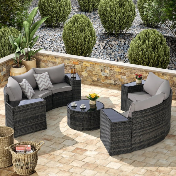 English Elm Outdoor Half Moon Sectional Sofa Set with Woven Rattan Frame and Tempered Glass Table Light Gray W874S00046