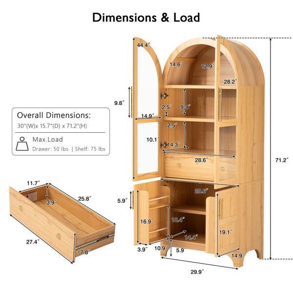 English Elm K&k Arched Farmhouse Pantry Cabinet Glass Doors Hidden Drawer Two Tone Kitchen Storage Natural N707S288969Y