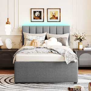 English Elm Teddy Twin Upholstered Platform Bed with Trundle, LED Smart Lighting, Plush Fleece, Sturdy Design Gray SF000055AAE