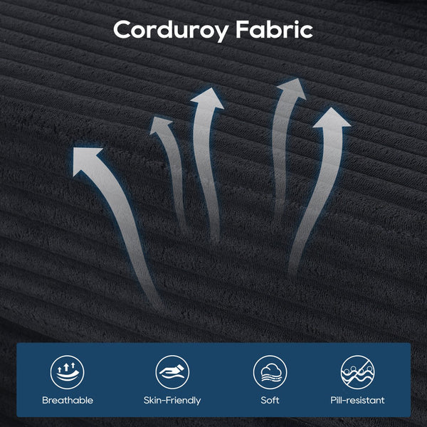 English Elm Memory foam L-shaped compression sofa bed with corduroy upholstery, modular no-assembly design, cloud comfort and space-saving functionality for apartments and home theaters Black W2959S00008