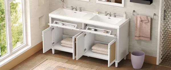 English Elm Christopher Knight Home® - 60 Inch Bathroom Vanity with Double Sinks SMC, Rattan Doors, Soft-Close Drawers, Stable Pine Legs White N817P296140W