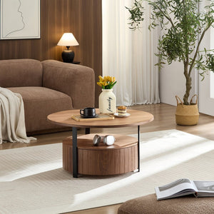 English Elm Round Storage Coffee Table with Drawer Ash Wood Grain Matte Finish Modern Living Room Walnut W2085P384594