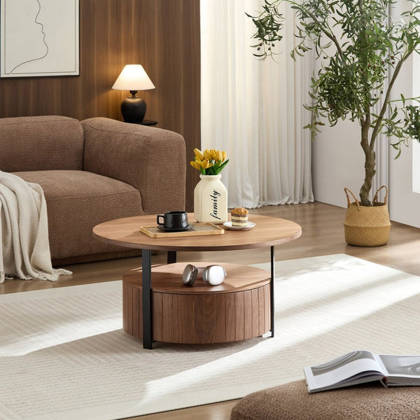 English Elm Round Storage Coffee Table with Drawer Ash Wood Grain Matte Finish Modern Living Room Walnut W2085P384594