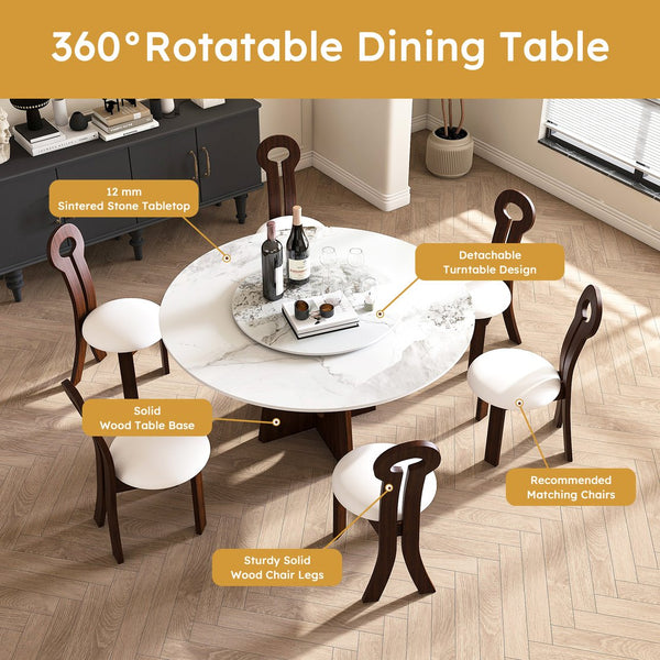 English Elm Modern Marble Dining Table With Lazy Susan, 59" Sintered Stone Top & Walnut Base For 6-8 People W2700S00013