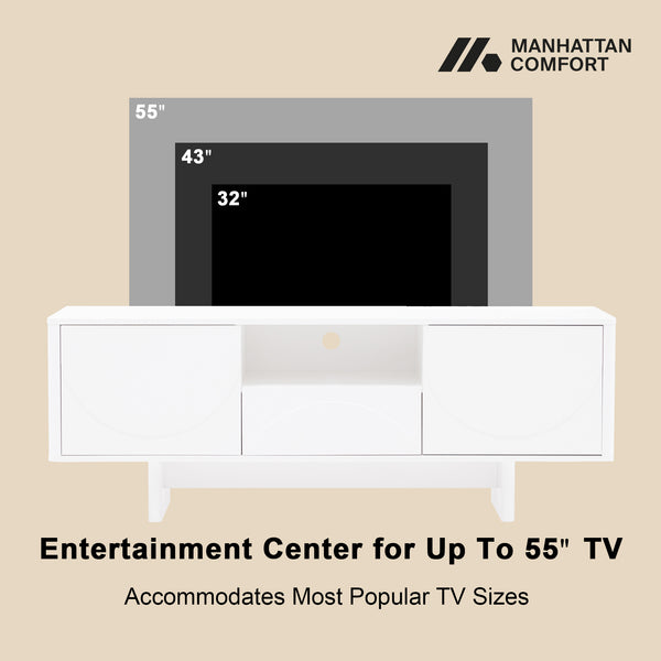English Elm Ella Mid-Century 59" TV Stand with Cable Management, Adjustable Shelves, Drawer & Sled Legs White B365S00124