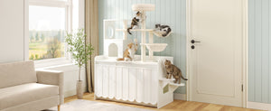 English Elm 50.6" Modern White Cat Tower with Litter Enclosure Sisal Posts Hammock and Perch N704P443505K