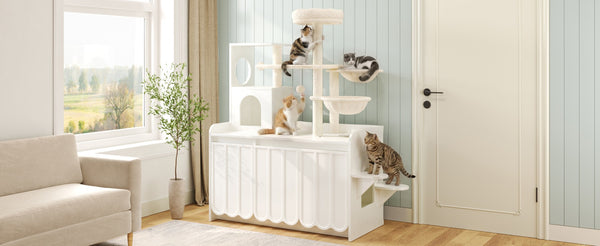 English Elm 50.6" Modern White Cat Tower with Litter Enclosure Sisal Posts Hammock and Perch N704P443505K
