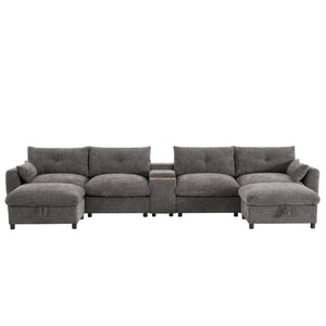 English Elm 136'' Modular Sectional Sofa with Console, USB Charger, Cup Holders, Movable Storage Ottoman, Oversized Chenille U-Shaped Lounge Gray N723S8777E