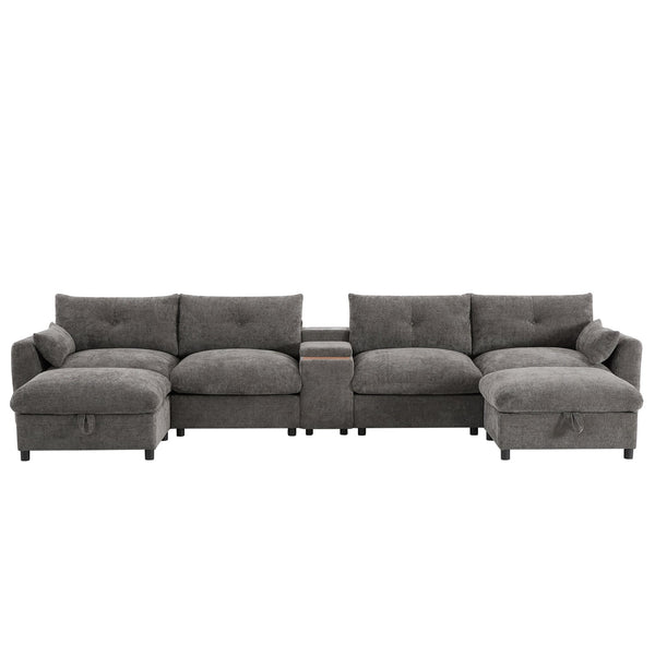 English Elm 136'' Modular Sectional Sofa with Console, USB Charger, Cup Holders, Movable Storage Ottoman, Oversized Chenille U-Shaped Lounge Gray N723S8777E