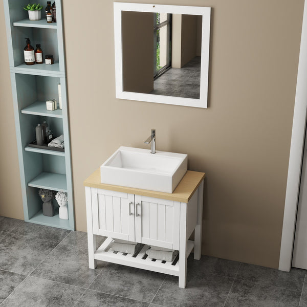 English Elm 32" Modern Bathroom Vanity With Above-Counter Sink, Solid Wood Cabinet & Mirror For Small Spaces W3151S00003