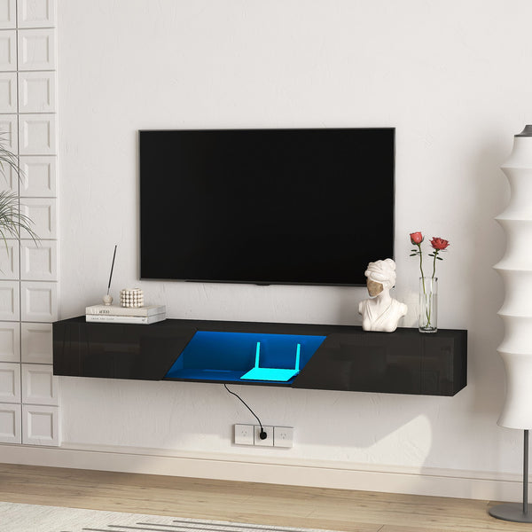 English Elm Floating TV Stand Wall Mounted with 16-Color LED Accent Lighting, 69" Modern Floating Cabinet for TVs Black 75.2 L x 16.54 W x 5.51 H W1321P237655