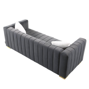 English Elm A Modern Channel Sofa - Elegant Grey Velvet Chesterfield Design, 3-Seater Comfort For Any Space W1099S00126