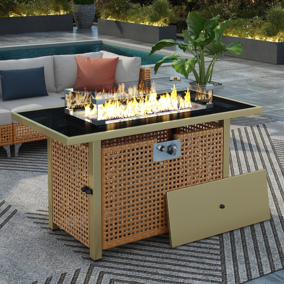 English Elm K&K 43" Propane Gas Fire Pit Table 60000 BTU Open Weave Wicker with Glass Wind Guard & Blue Stones orange-yellow N707P210158Z
