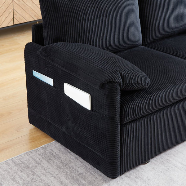 English Elm MH'' MH' 64.5 Inch Sleeper Sofa Bed with Corduroy Upholstery, Sturdy Wood & Iron Frame, 3-in-1 Convertible Comfort Black W1193S00125