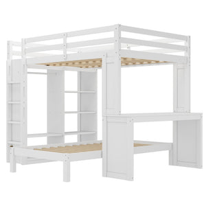 English Elm Queen Multifunctional Solid Wood Bunk Bed With Desk, Dismountable Twin Bed, Shelves & Wardrobe W1580S00214-GIGA